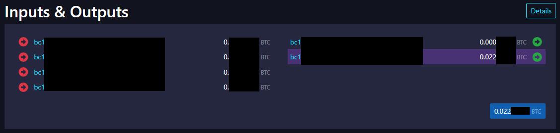 With a colon and output number added to the mempool.space URL, the selected output number will be highlighted (output 1).